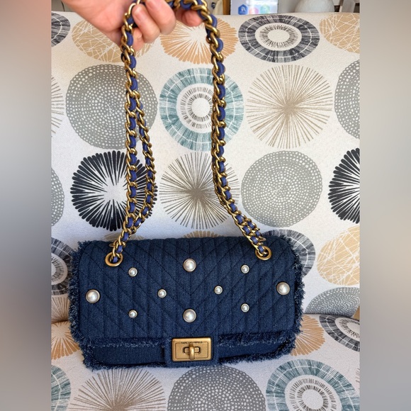 Karl Lagerfeld Denim Blue Pearl Embellished Shoulder Bag NWT and Dust Bag - Picture 4 of 14